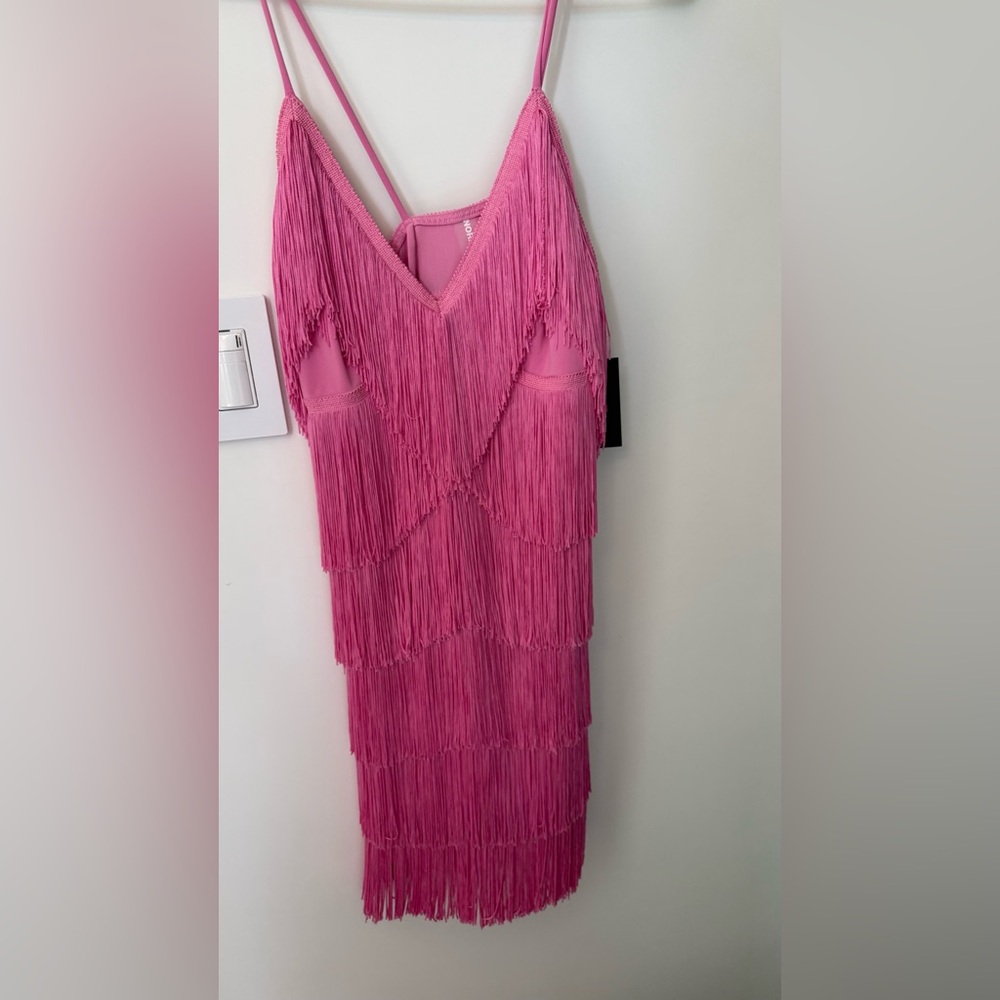 Norma Kamali Vibrant Pink Fringe Mini Dress